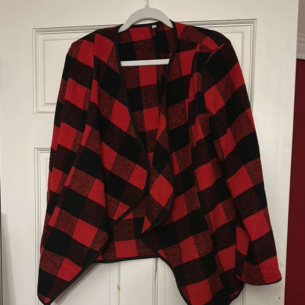 Red and Black Plaid Open Front Jacket